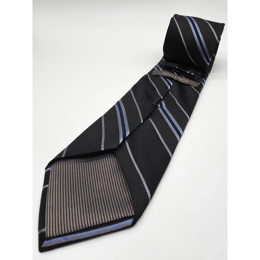 VTG Nordstrom Men's Black Blue Gray Stripped 100% Silk Neck Tie 59